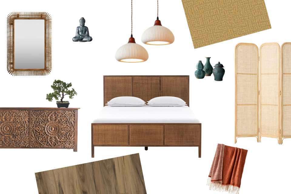 product mood board inspired by Thai Design with carpet one flooring products